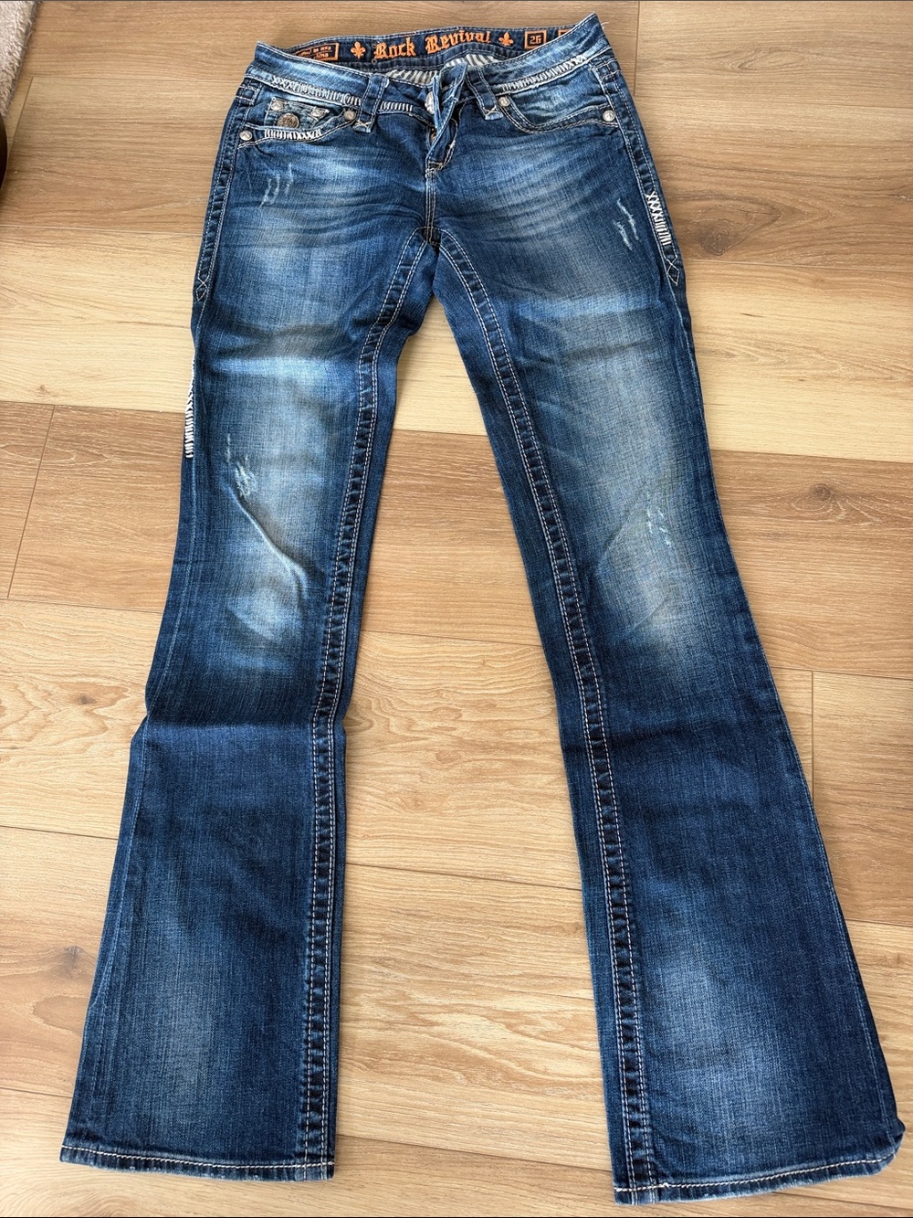 Rock Revival Denim Blue Flare Jeans with Faded Wash